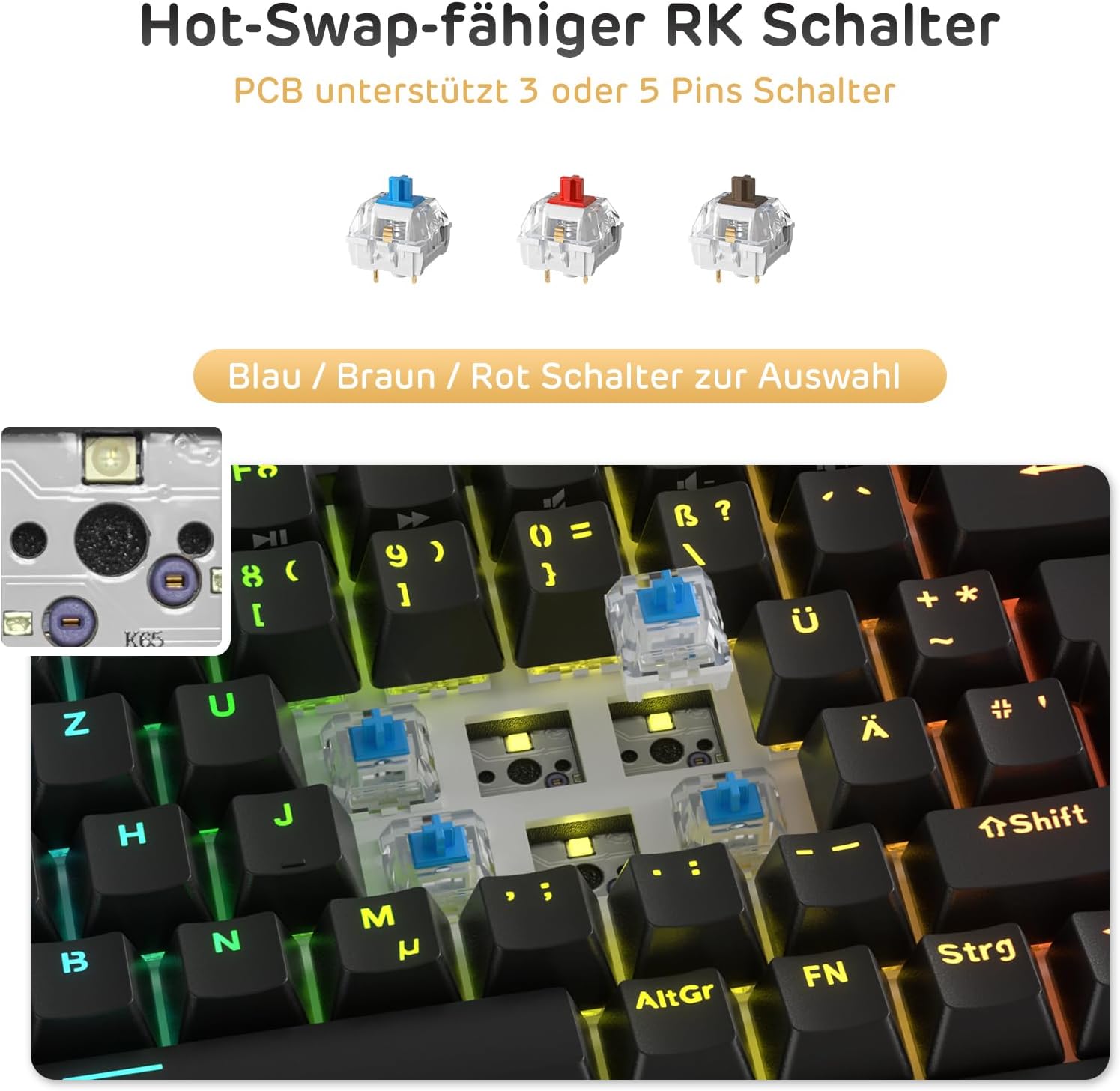 Thumbnail 3 de RK ROYAL KLUDGE RK84-DE : clavier de jeu 75 % Bluetooth & 2,4 GHz rétroéclairage RVB, QWERTZ