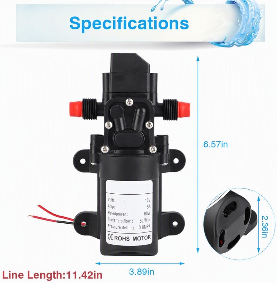 Detalle de Greensen 12 V självsugande membranpump, 60 W, 5 l/min och tryckbrytare