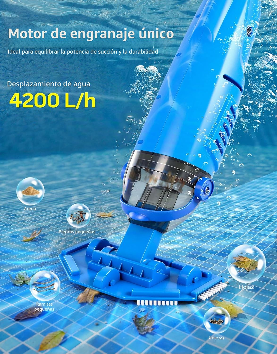 Detalle 2 de LanBlu Aspirador Piscina Batería con Varilla Telescópica y Cabezales Intercambiables
