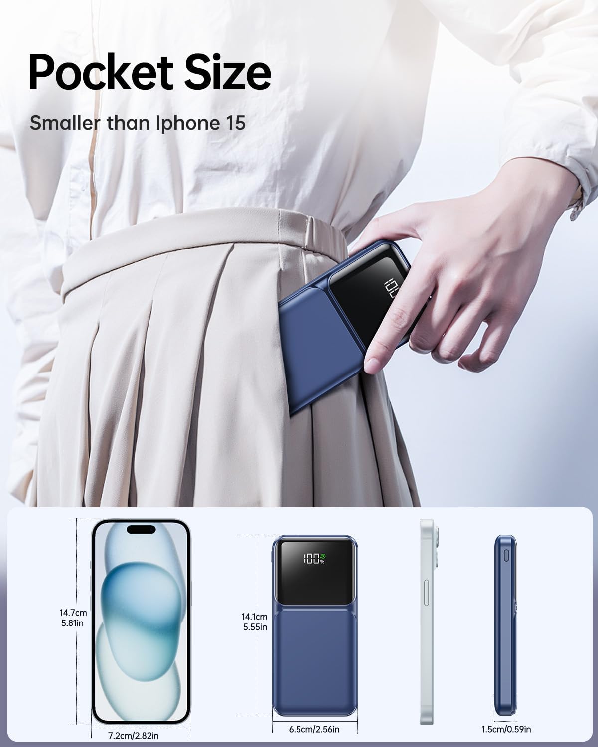 Detalle 2 de RONEGN PA100 20,000mAh Power Bank with Built-In Cables, 22.5W USB-C