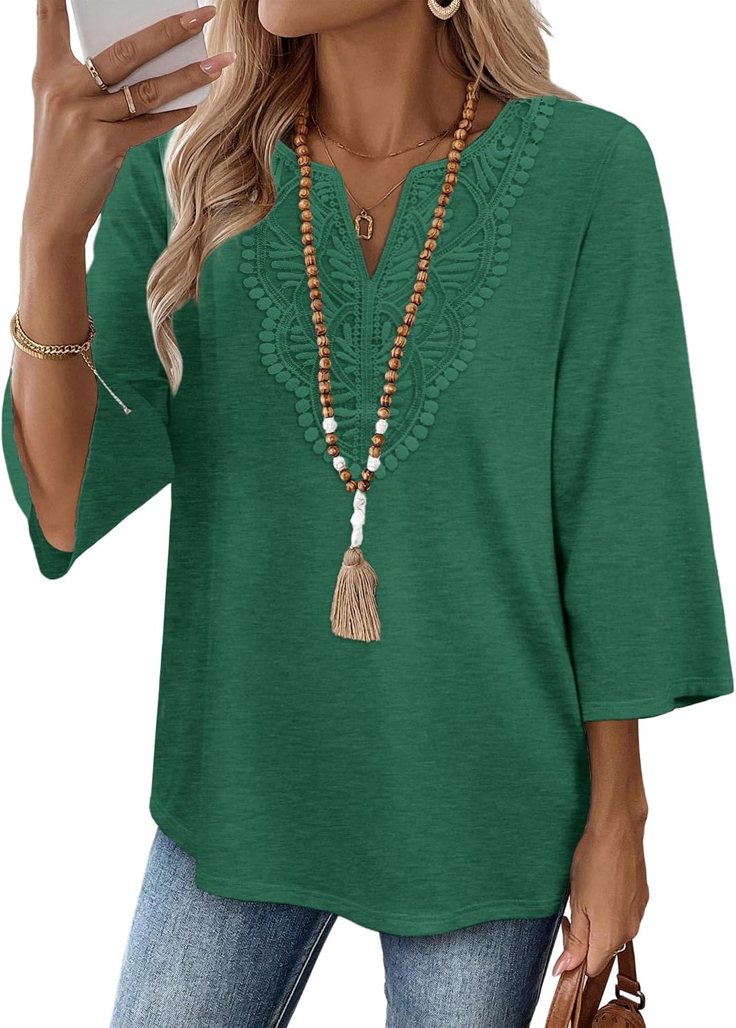 Detalle de WIHOLL 3/4-Sleeve Boho Blouse with V-Neck Lace Front, S-3XL