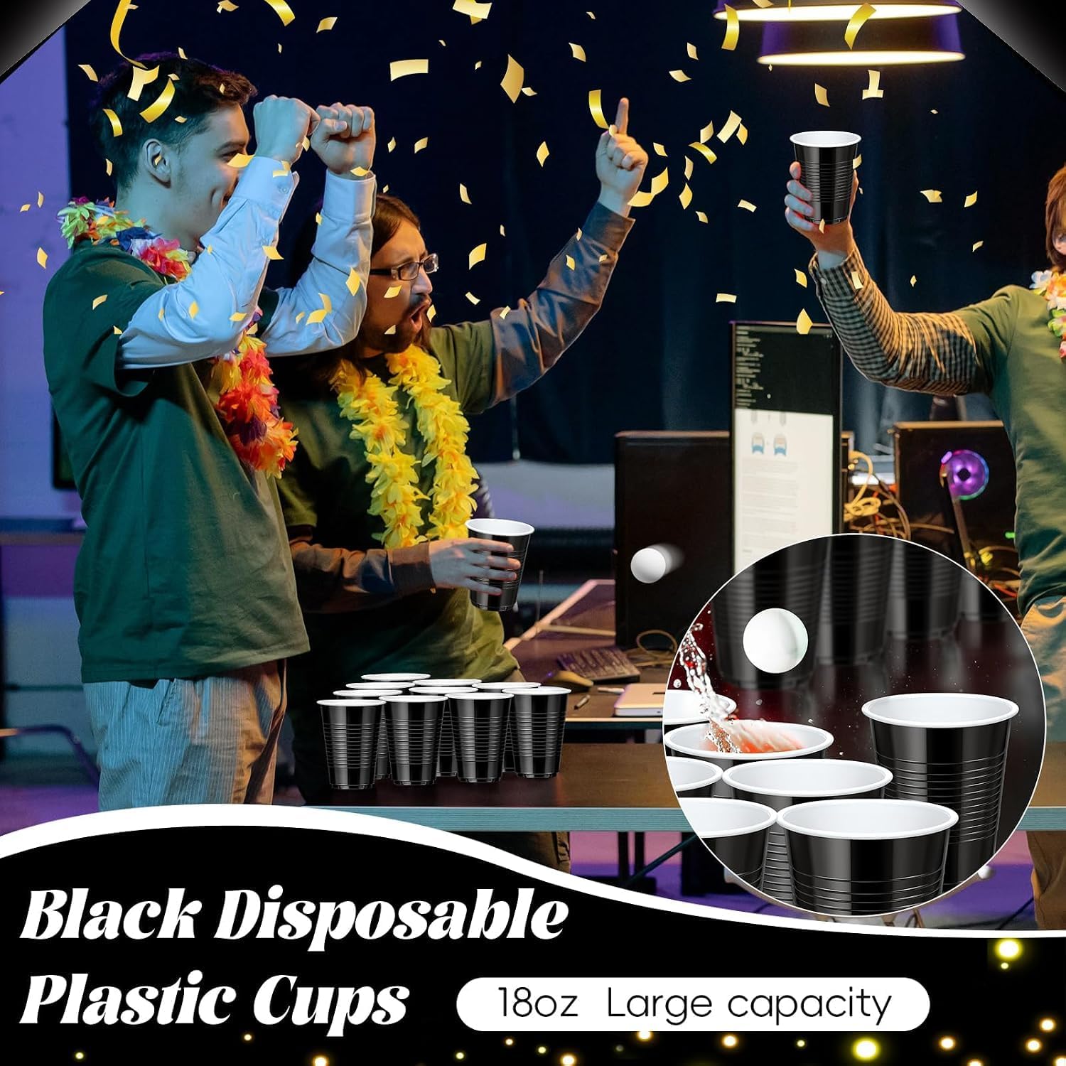 Detalle 2 de mwellewm GHJSDR Black Plastic Party Cups, 18 oz, Wide Mouth