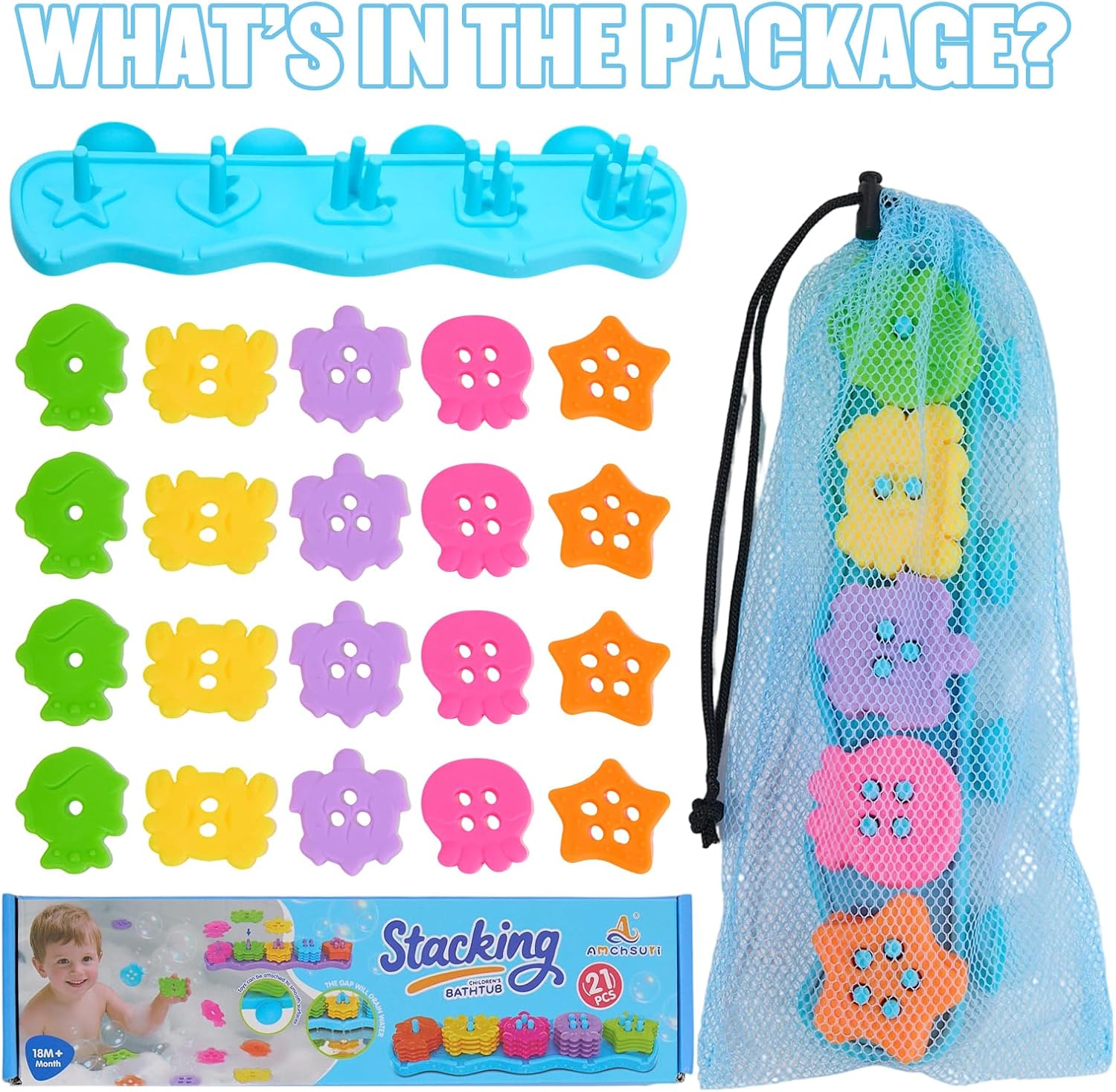 Detalle de Baby Bath Toys: 20-Piece Mould-Free Sorting & Stacking Set for 1–4 Year Olds
