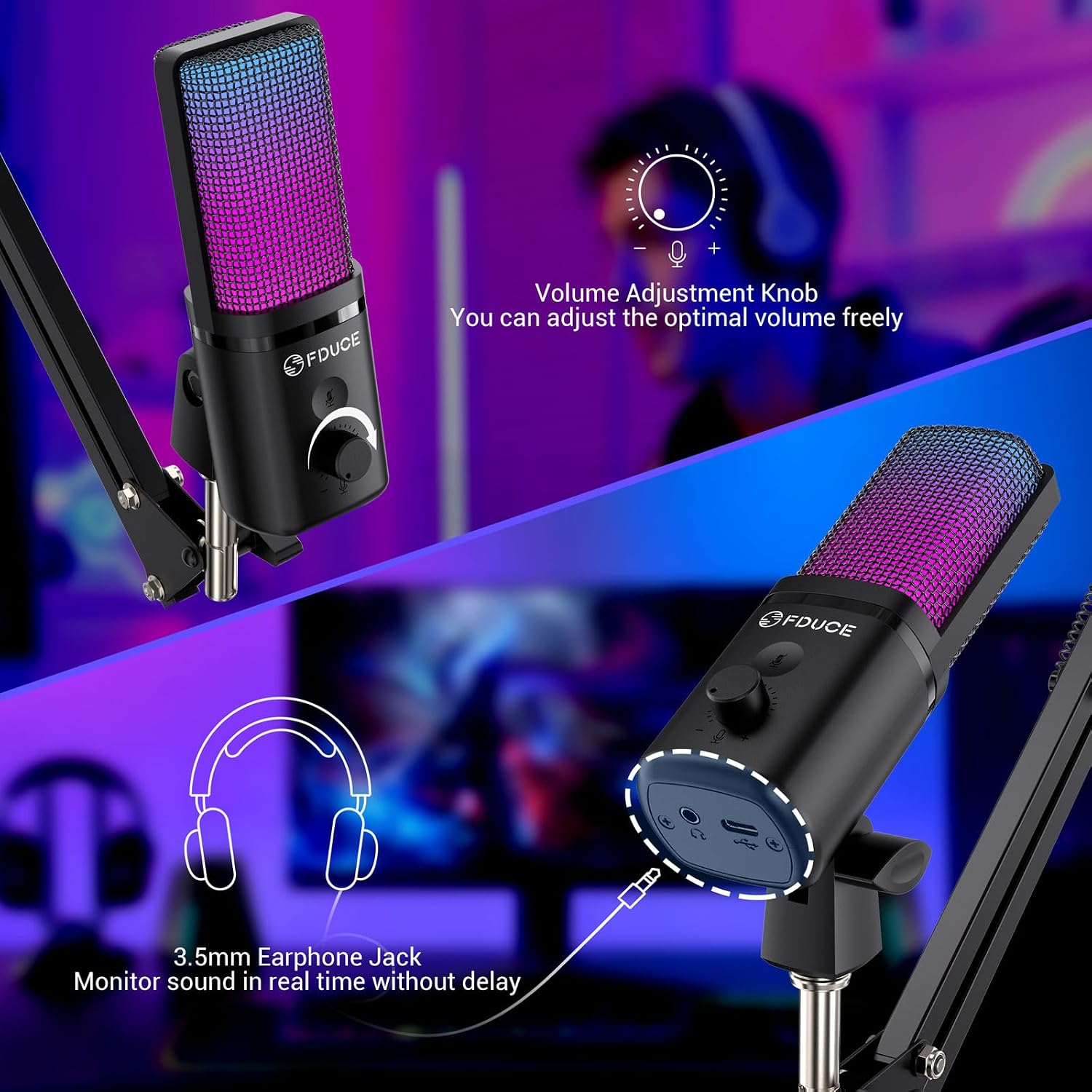 Thumbnail 2 de FDUCE M160 USB-gamingmicrofoonset met cardioïde opname, mute en RGB
