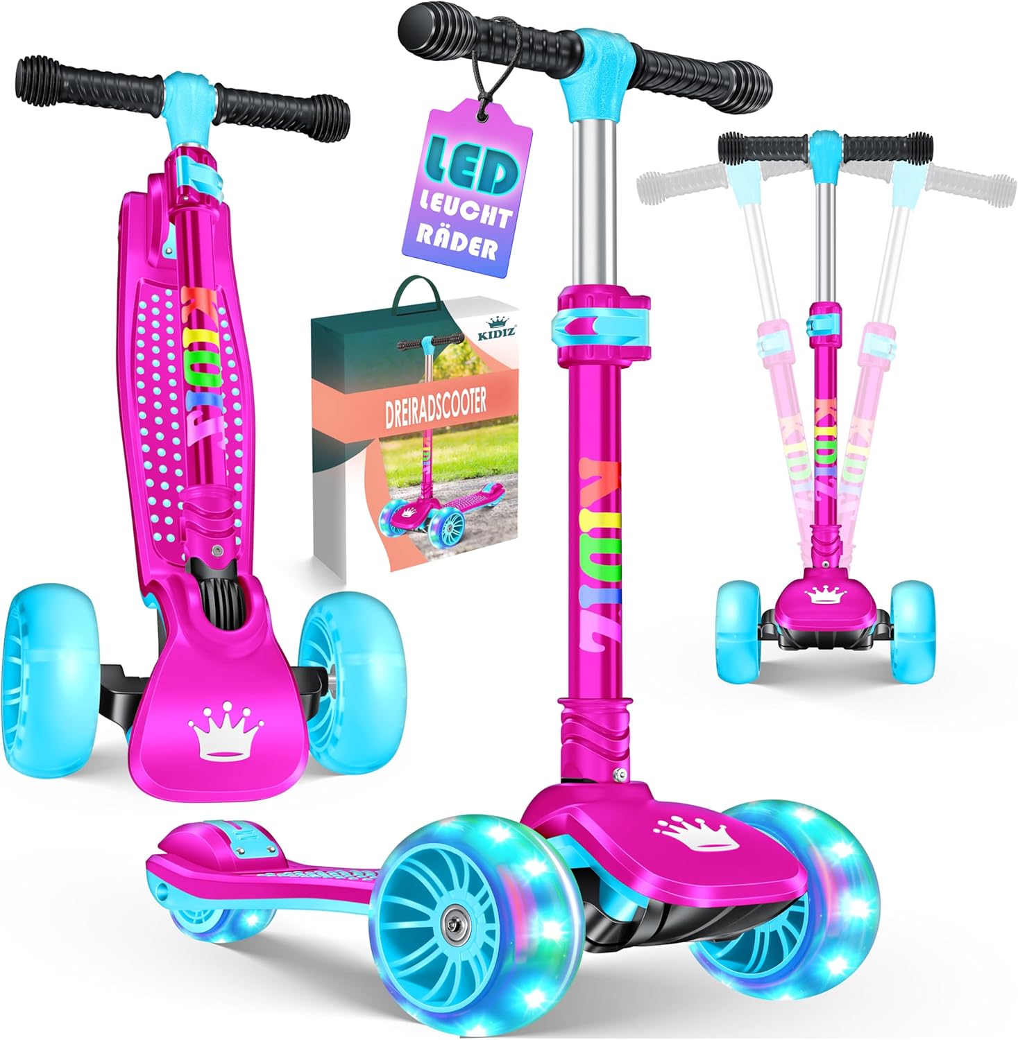 Detalle 2 de KIDIZ Roller X-Pro2 Dreiradscooter – höhenverstellbar, LED-Räder und Fold-Up für 3–12 Jahre