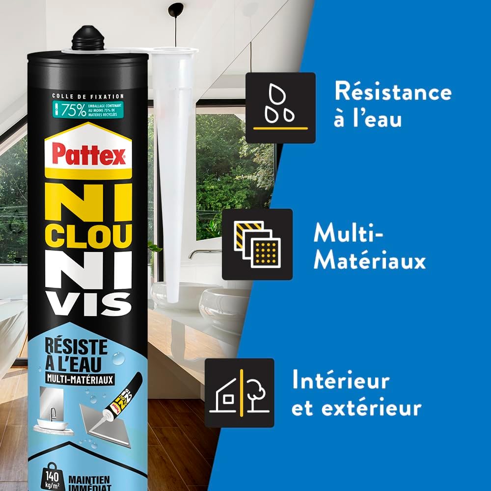 Thumbnail 2 de Pattex Colle Ni Clou Ni Vis Résiste à l'Eau (450 g) – Colle de fixation universelle et mastic blanc