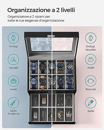 Detalle de SONGMICS Porta Orologi JWB020: Scatola a 2 Livelli con Coperchio in Vetro, Cuscinetti Rimovibili e Interno Grigio