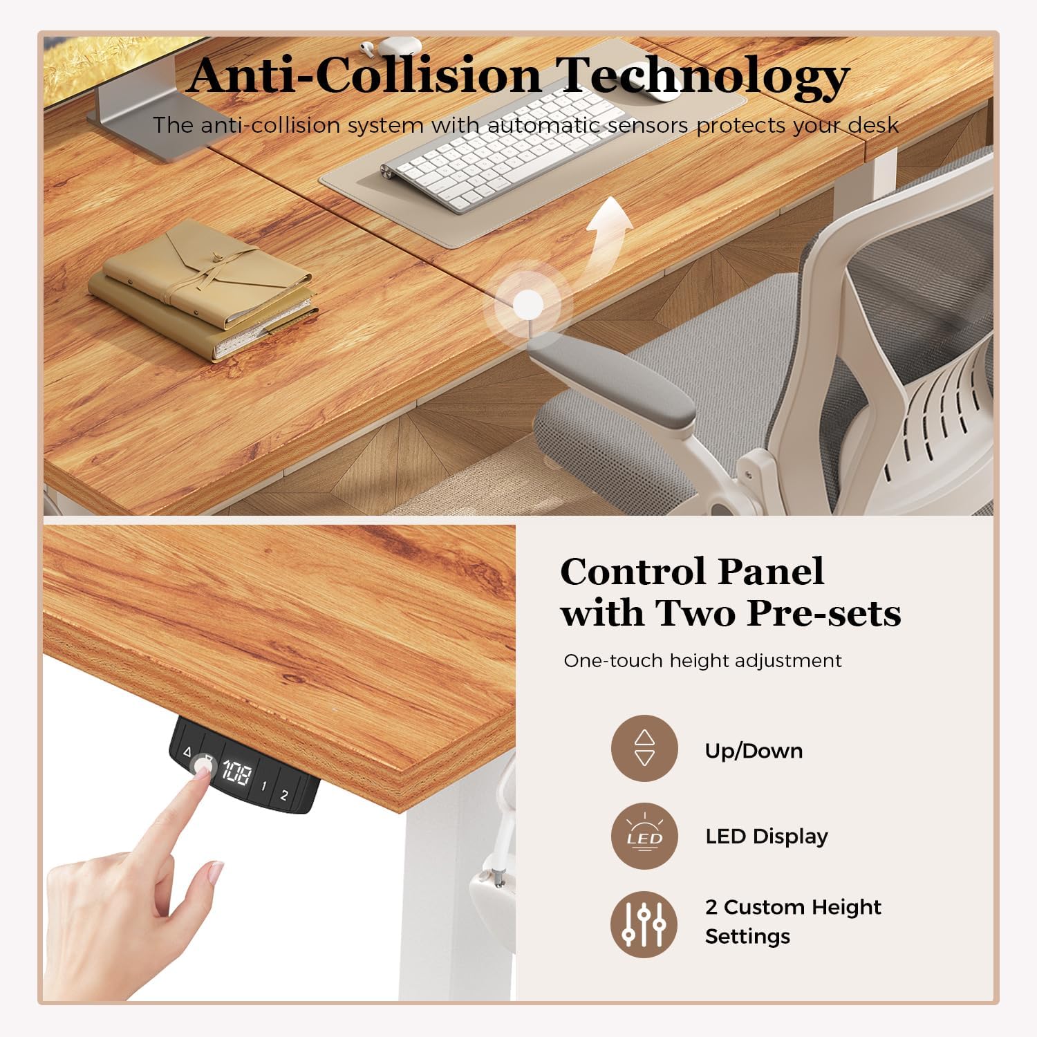 Thumbnail 4 de Klicelor Electric Standing Desk with 2 Memory Buttons – 72–116 cm height, 70 kg capacity (3-panel top), Light Brown