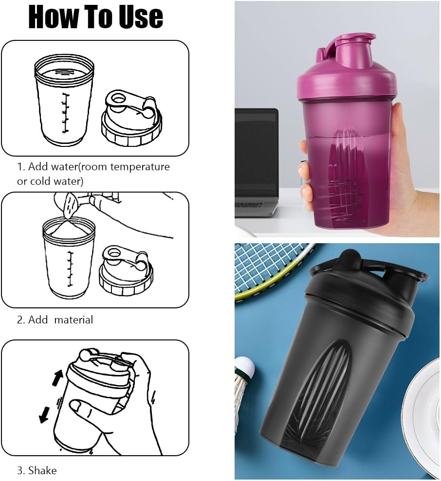 Thumbnail 2 de AOGOE Protein Shaker Bottle with Stainless Steel Mixing Ball (400ml, 2 pack) – leak proof flip lid, BPA free – Black + Purple