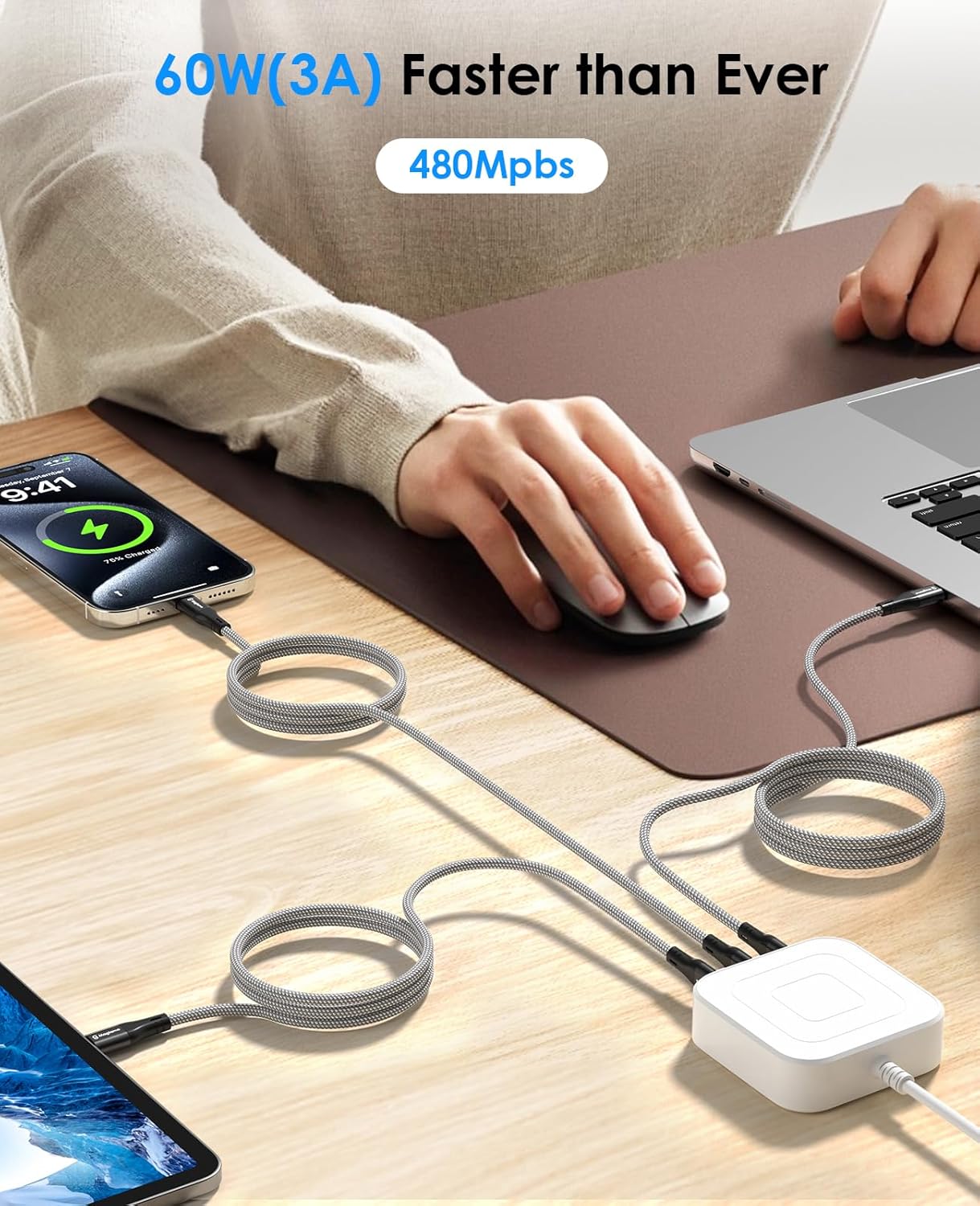 Thumbnail 3 de Magtame Magnetic USB C Cable (coiled USB‑C to USB‑C) up to 60W, 1m, silver