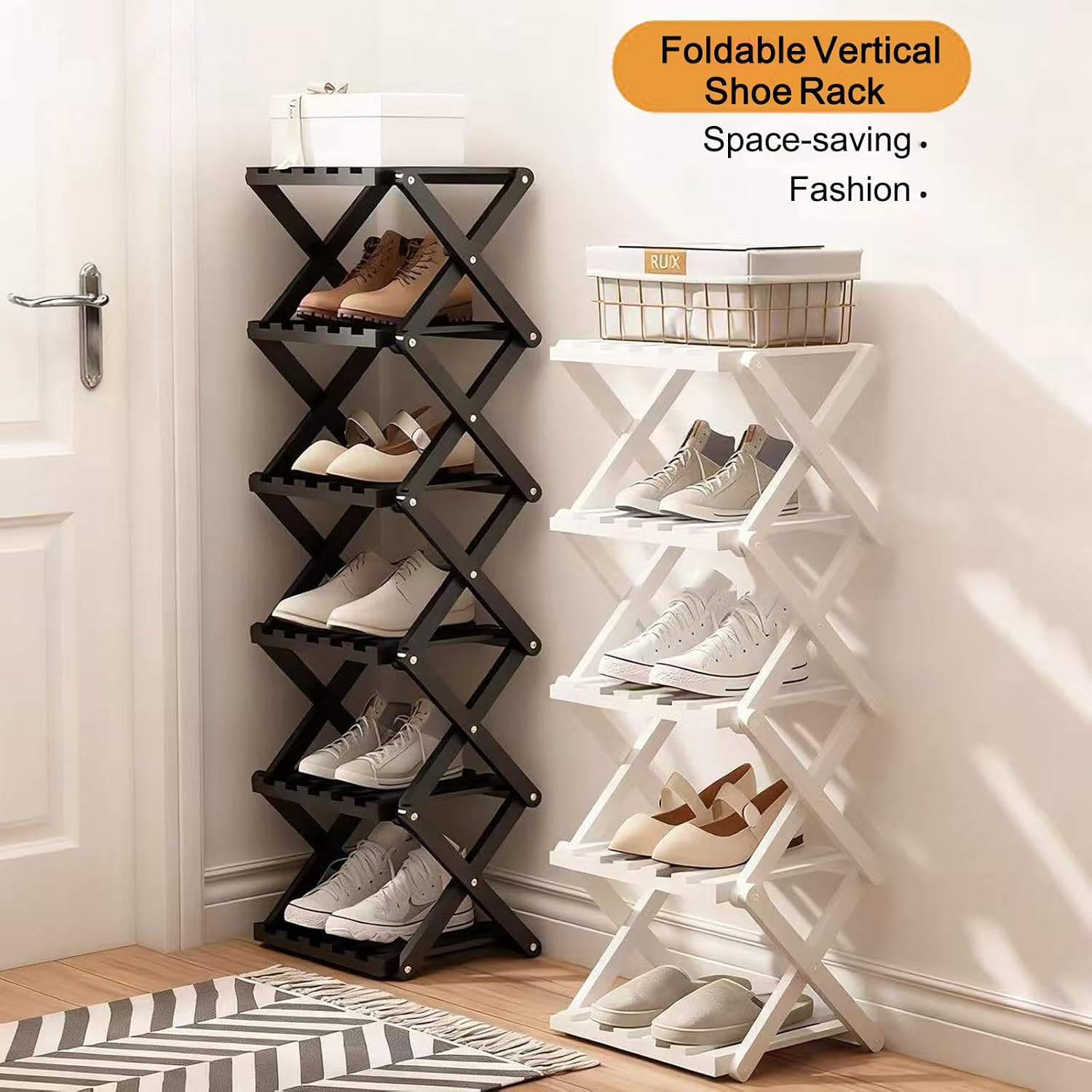 Thumbnail 2 de GIRYES Kleines Schuhregal, 7 Etagen, Bambus, schwarz – freistehendes, faltbares Regal ohne Installation