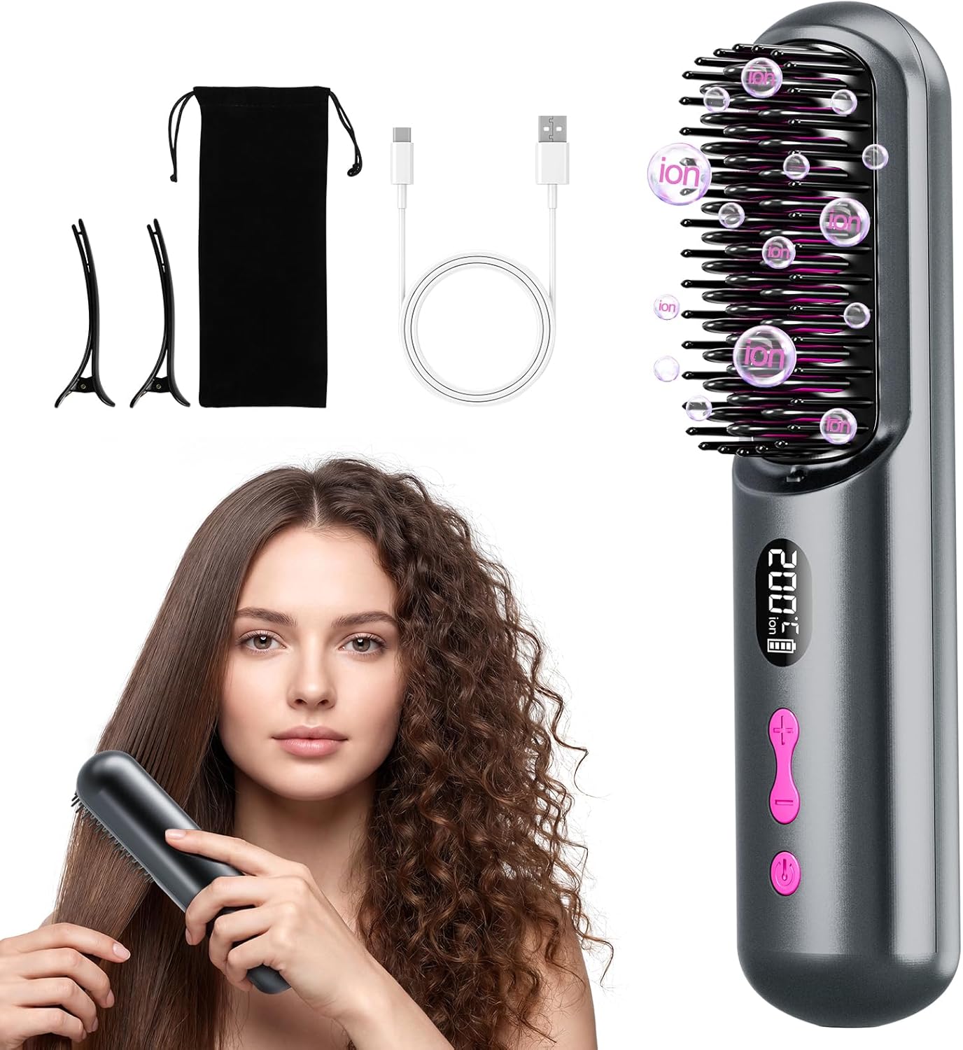Detalle de Spazzola Lisciante per Capelli 9600mAh, senza fili, 4 livelli di temperatura e design da viaggio