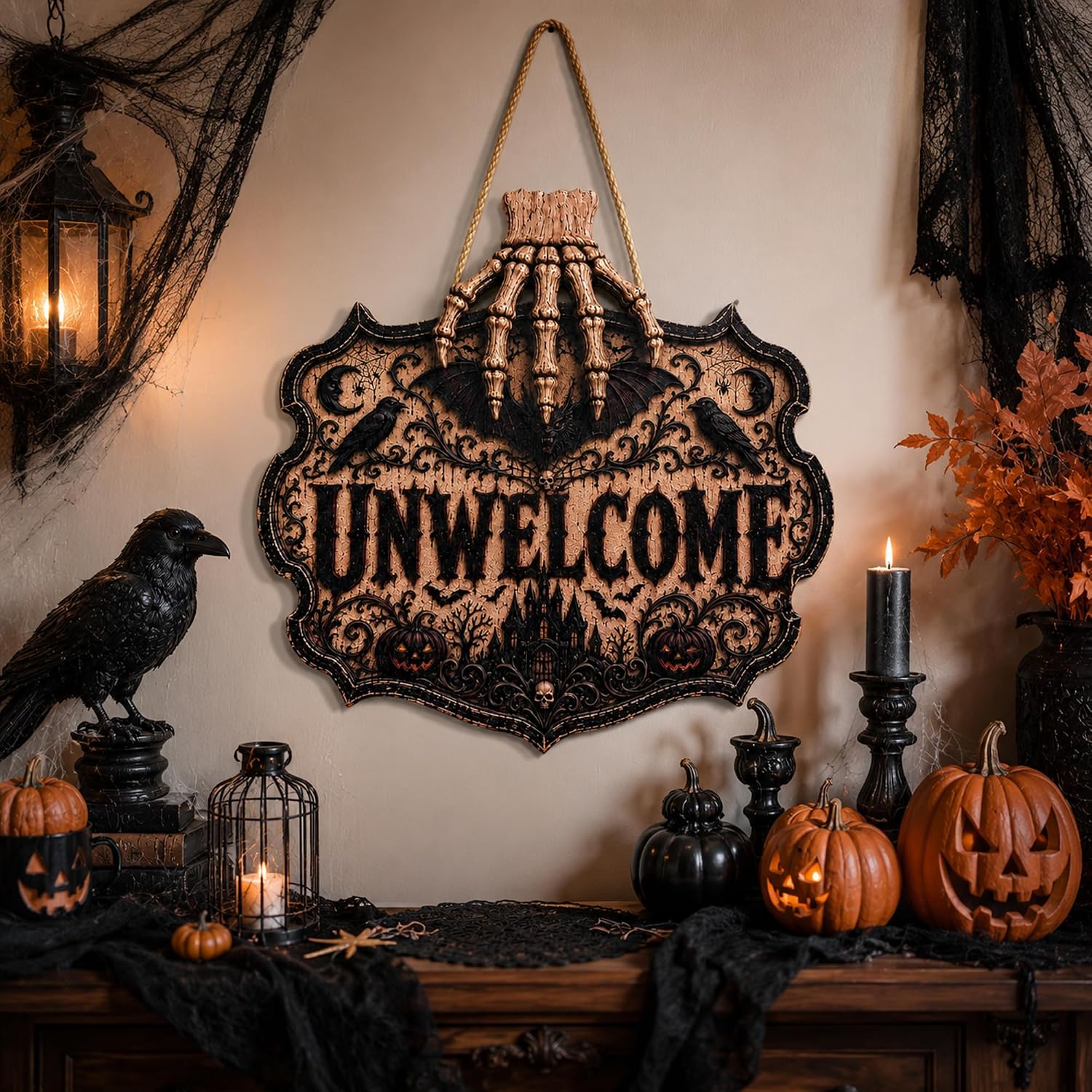 Detalle de OHOME Gothic Halloween Wooden Sign, 2D Printed Black Unwelcome Door Decor
