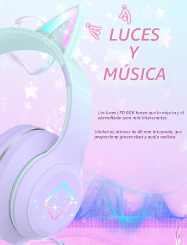 Detalle de Xunpuls Auriculares Bluetooth para niños con orejas de gato LED y micrófono