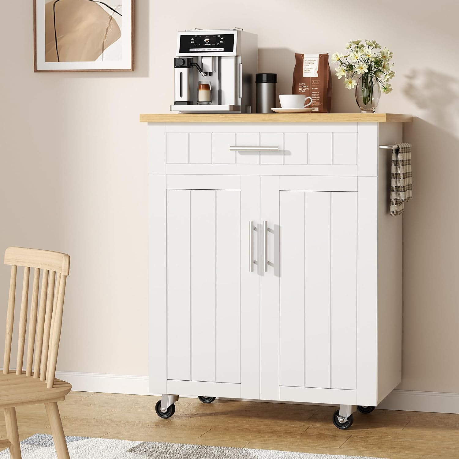 Detalle de Shintenchi DT828 Rolling Kitchen Island Cart, White, with Cabinet and Drawer