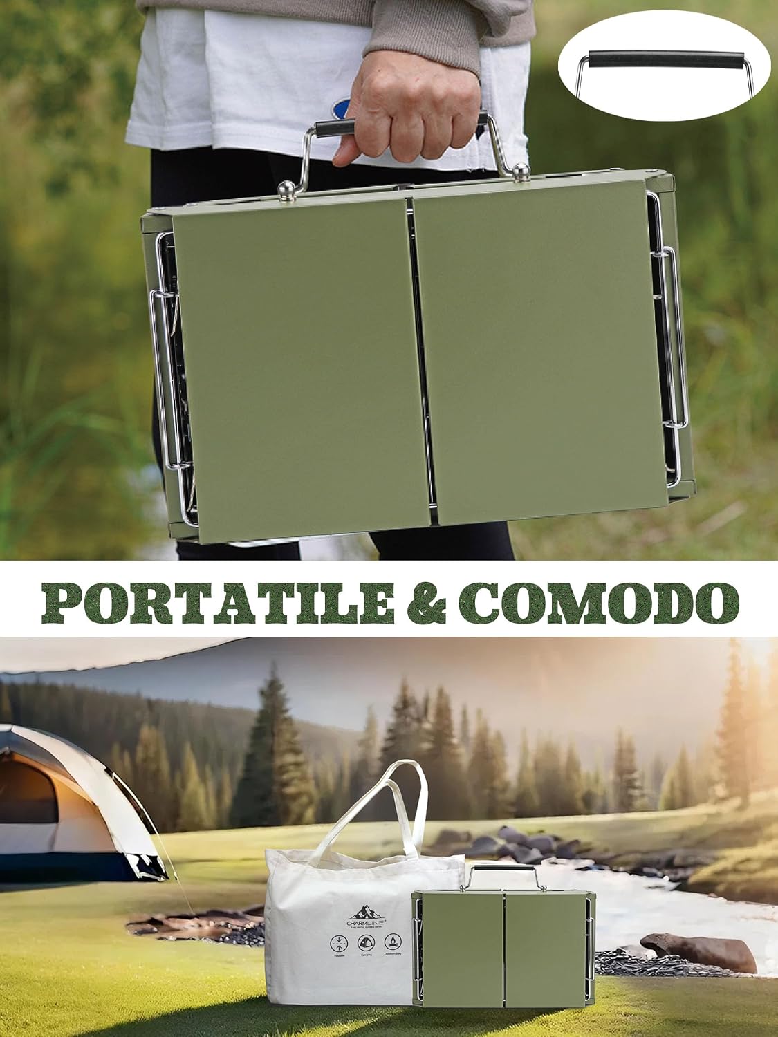 Detalle de Charmline Griglia a Carbone Portatile 34 x 23 cm – Pieghevole e Compatta, per 1–3 Persone, Verde