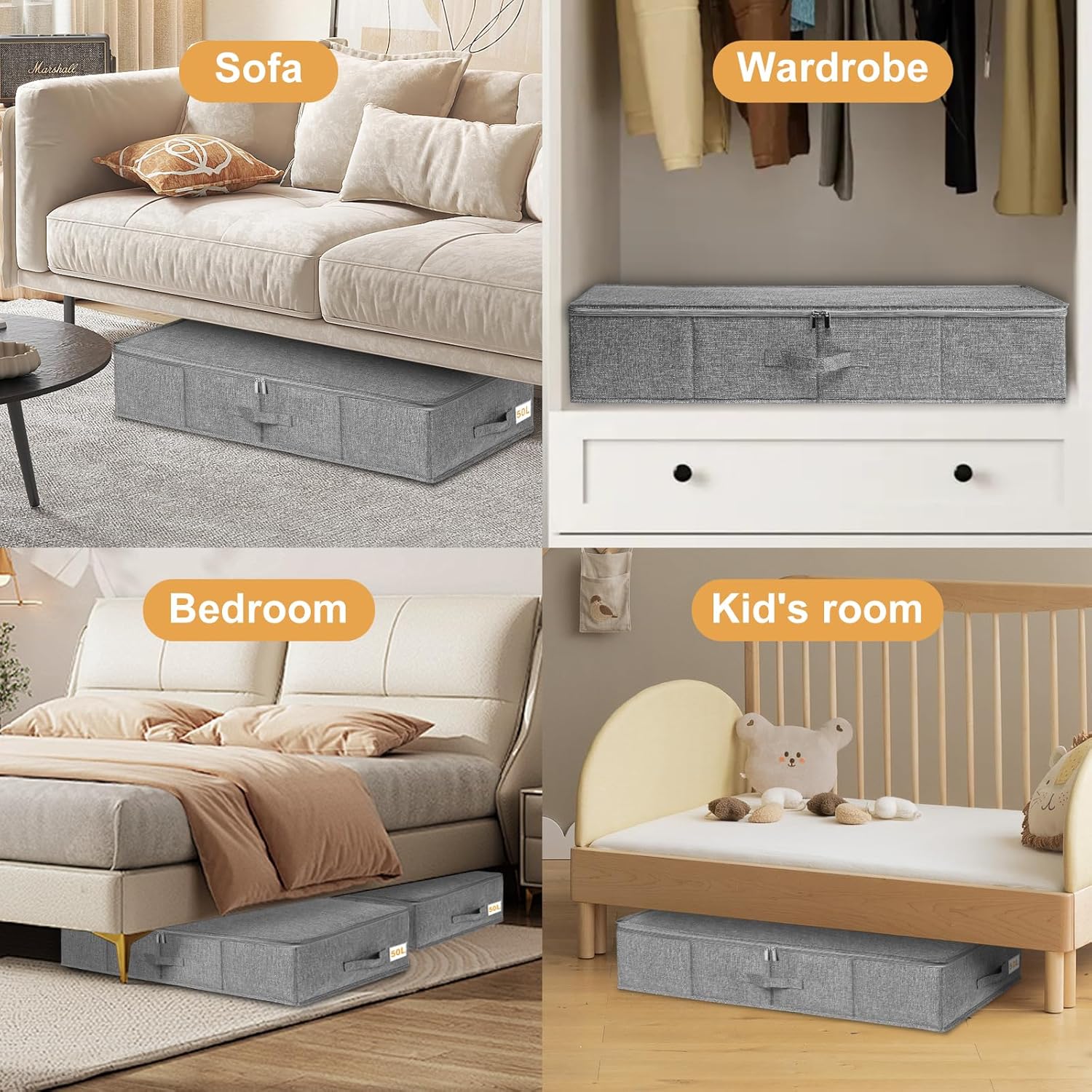 Thumbnail 6 de Under Bed Storage 3 Pack Large with Lids | Foldable Fabric Box Organisers (76x38x17cm)