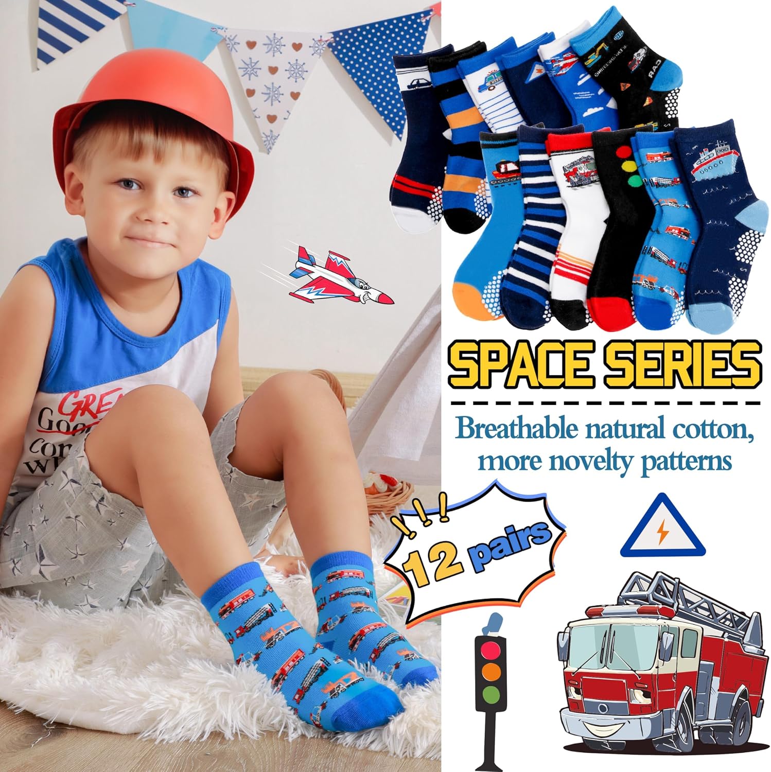 Detalle de Welwoos 12-Pair Baby Boys’ Grip Socks, Cotton Crew with Cartoon Designs