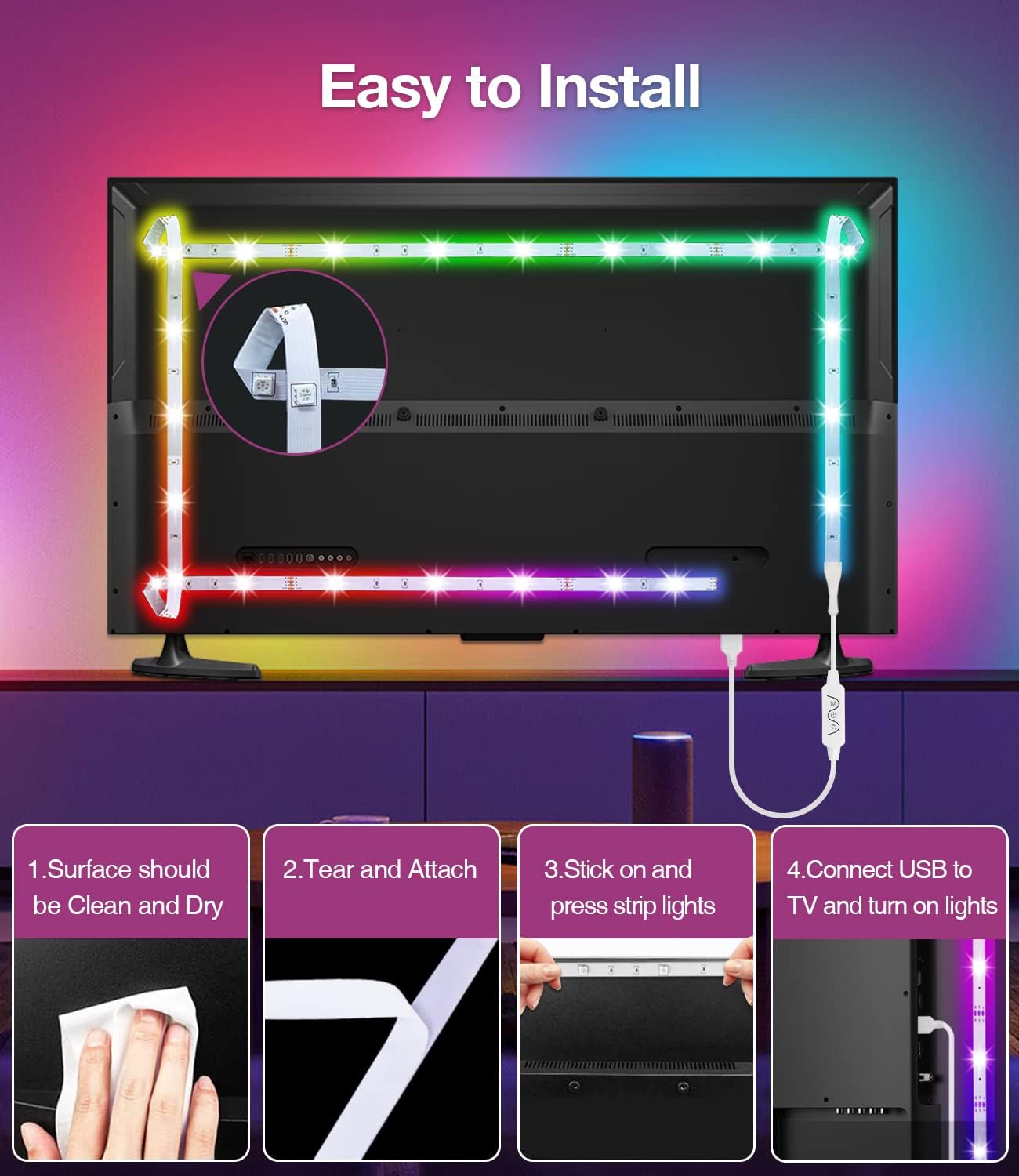 Thumbnail 4 de Daymeet TV Led Lights 4M Backlight for 55-75 inch TVs – RGBIC, USB-Powered with Remote, Bluetooth APP & Music Sync