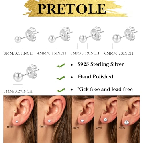 Detalle de PRETOLE Sterling Silver Stud Earrings – 3–7mm Ball Stud Set (925 Silver)