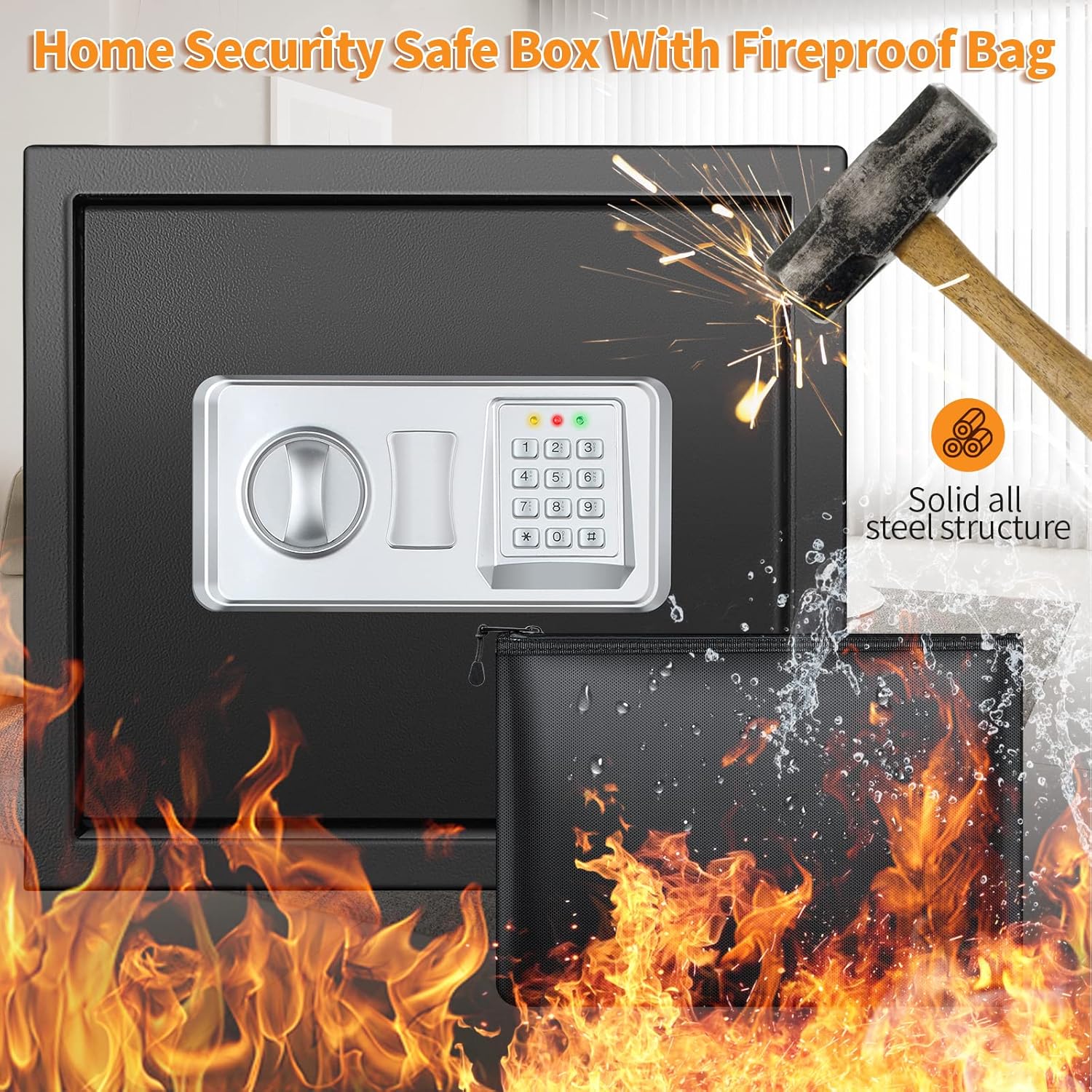 Thumbnail 1 de Safe Tresor Feuerfest mit wasserdichter Geldtasche, 40L – Wand-/Möbeltresor für Schmuck, Bargeld, Medikamente und Dokumente