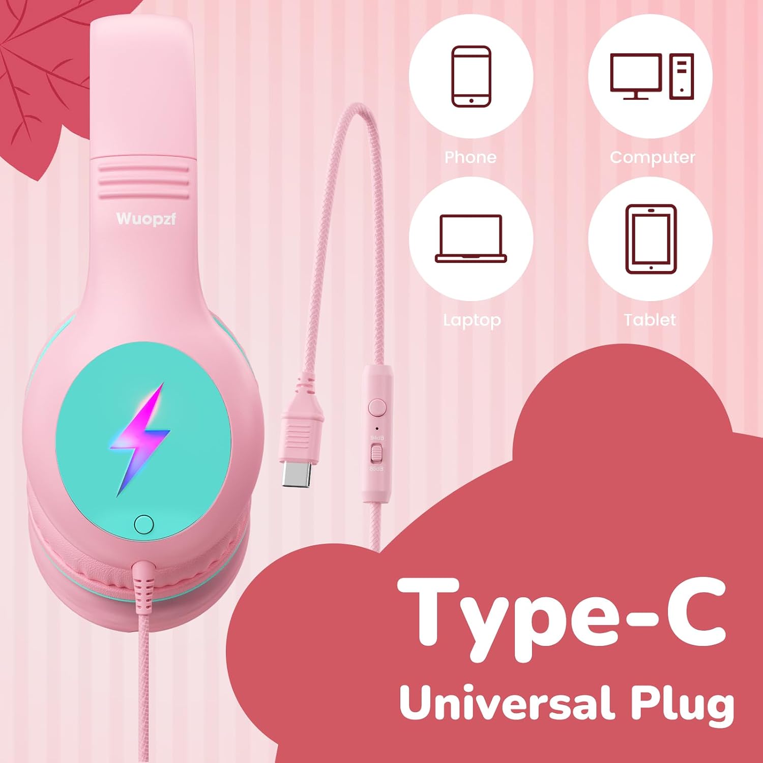 Detalle 2 de Wuopzf Kids USB-C Over-Ear Headphones with Volume Limiter, Mic & LED Lights (Pink) – Foldable School Set