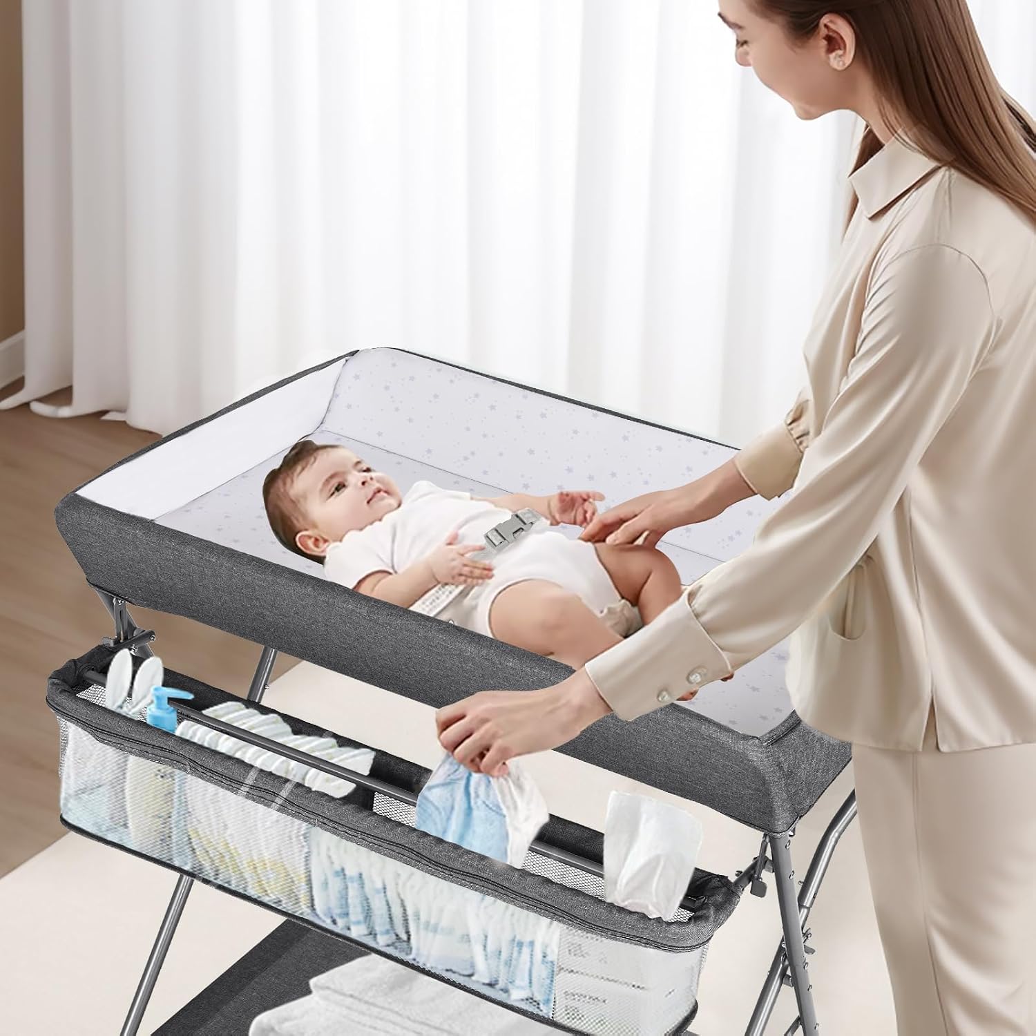 Detalle 2 de Maydolly Baby Changing Table, Folding Adjustable Height with Wheels, Dark Gray