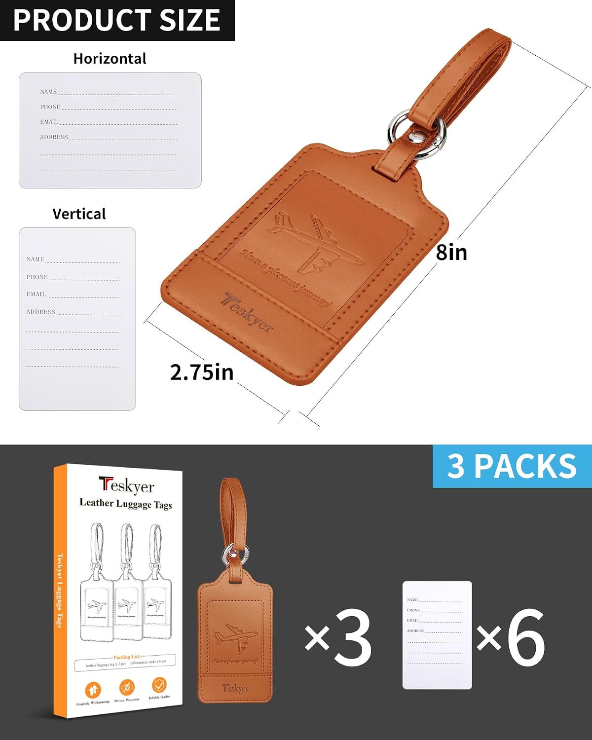 Thumbnail 6 de Teskyer Kofferanhänger, 3 Stück – langlebig, PU-Leder, Datenschutz-Schutz, Braun