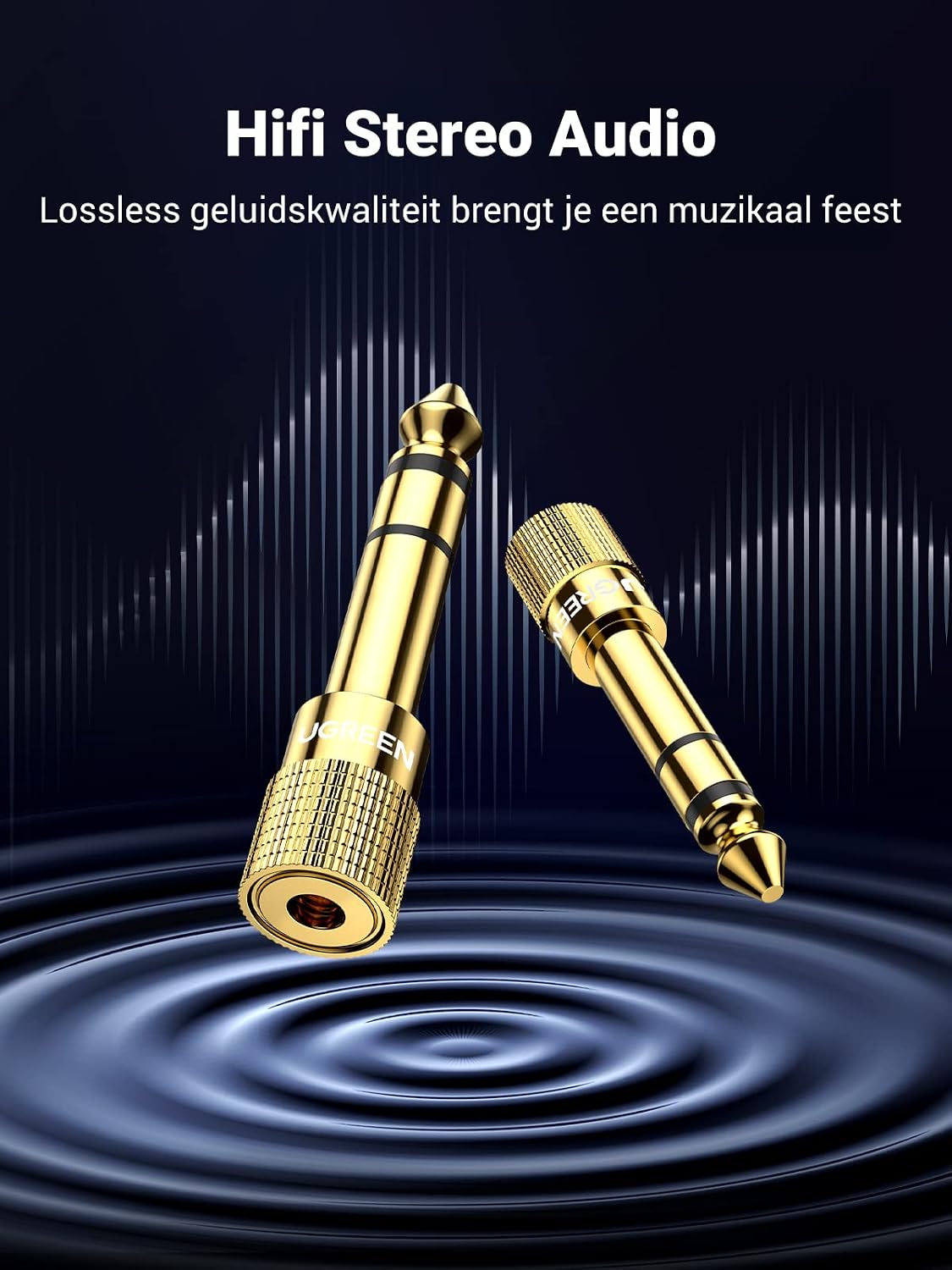 Detalle de UGREEN 6,35mm-naar-3,5mm-jackadapter met vergulde contacten