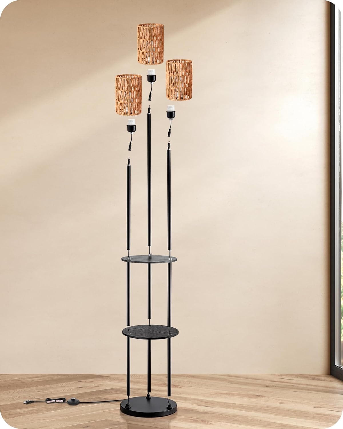 Detalle de EDISHINE Lampada da Terra Boho Vintage con Mensola e Ripiano – Piantana 3 Luci E27