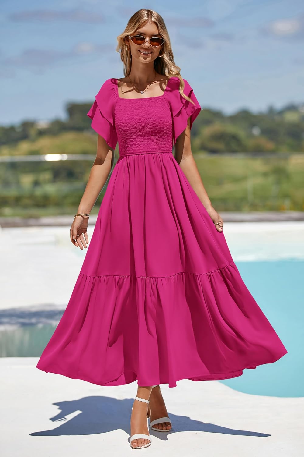 Thumbnail 4 de MASCOMODA Women's Summer Casual Midi Dress with Square Neck, Ruffle Sleeves, and Smocked High Waist