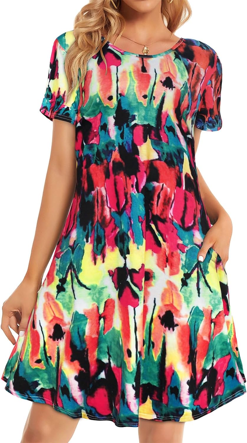Thumbnail 6 de Womens Summer Dresses Beach Casual T-Shirt Floral Sundress with Pockets (Short Sleeve, Loose Fit)