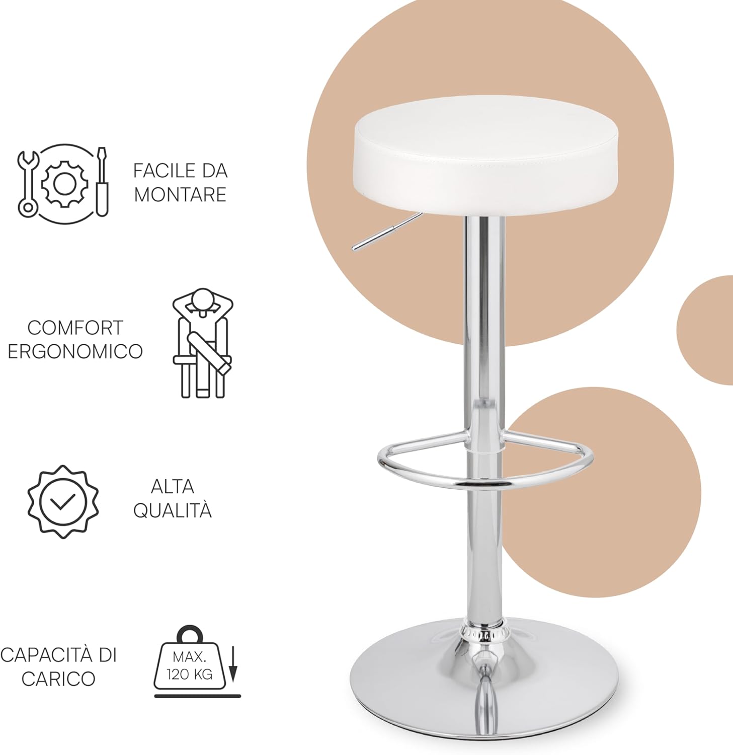 Detalle de Baroni Home Sgabello Bar Girevole con Altezza Regolabile – Bianco, 59–79 cm, Base Cromata