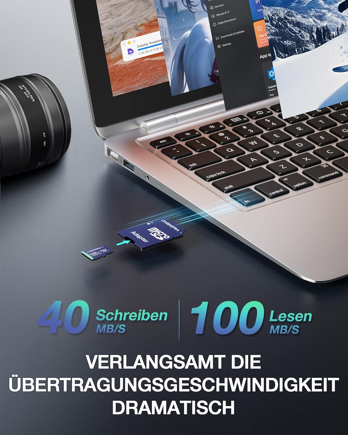 Detalle de DIGIERA 128 GB microSDXC CT100 mit Adapter – UHS‑I, C10, U3, V30, A2, Full HD, kompatibel mit Smartphones, Kameras und mehr
