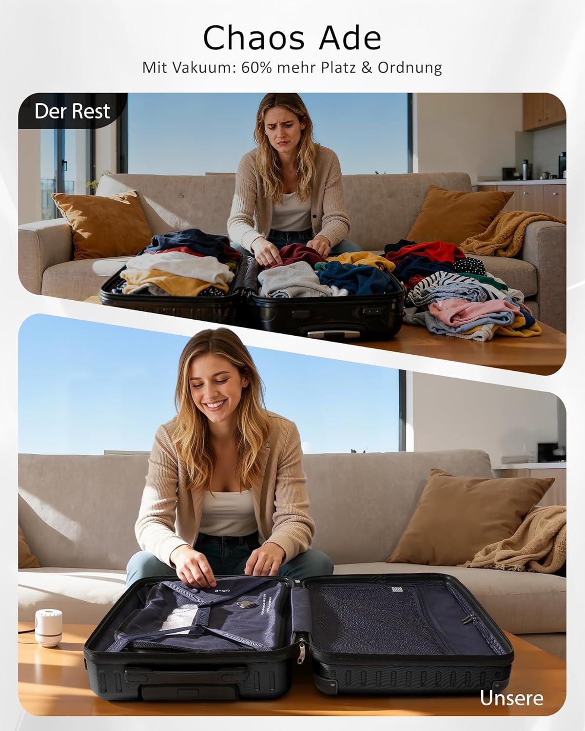 Detalle de COOLIFE Ryanair Handgepäck Koffer 55X35X20cm mit Vakuum-Kompressionsbeutel – 60% mehr Stauraum, TSA-Schloss & 4 Doppelrollen