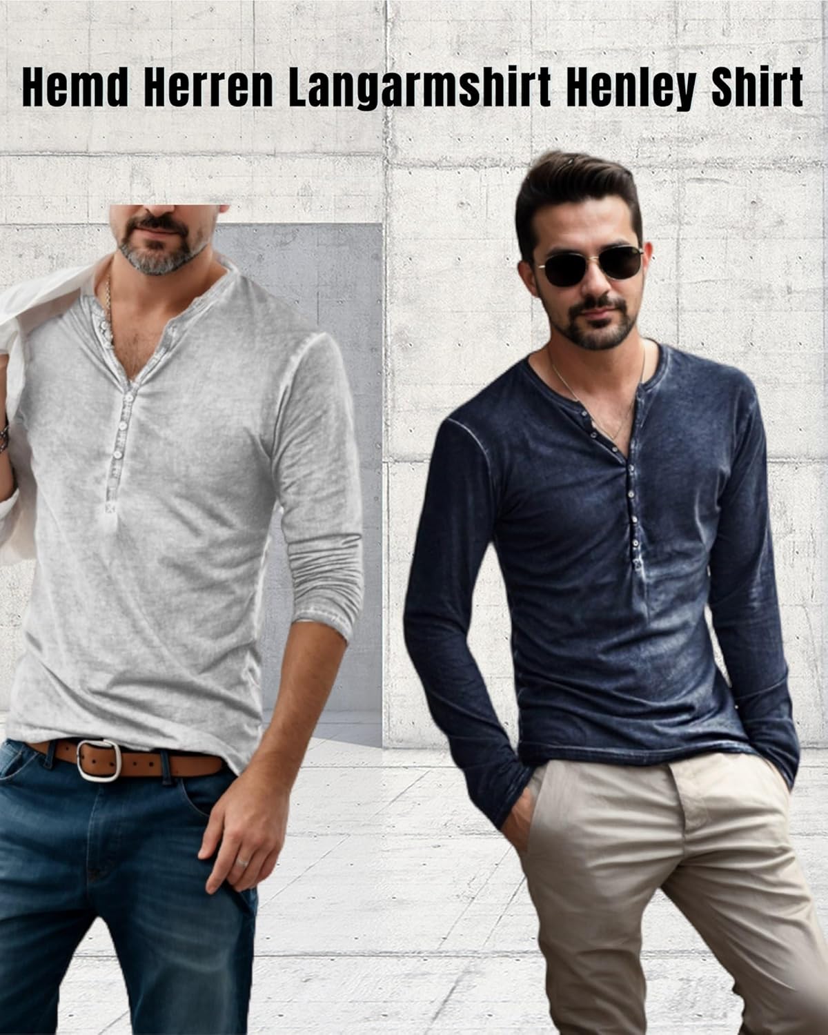 Thumbnail 1 de NEMXCE Hemd Herren Vintage Henley Shirt – Kurzarm/ Langarm, Slim Fit, V-Ausschnitt