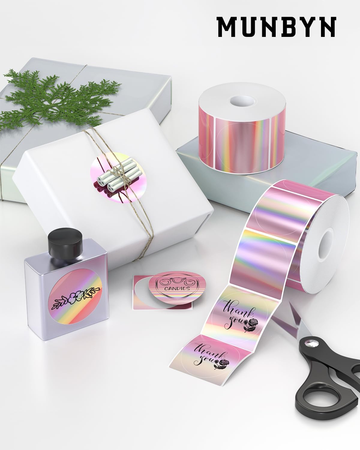 Thumbnail 6 de MUNBYN 50mm x 50mm Holographic Purple thermal sticker labels (400 per roll) for QR codes, names and DIY labelling