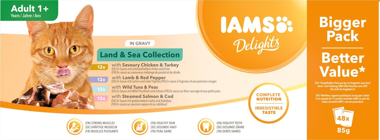 Thumbnail 2 de IAMS Delights Land & Sea Collection – Umido per gatti 72 x 85 g, 4 gusti (pollo-tacchino, agnello-peperoncino, tonno-piselli, salmone-merluzzo)