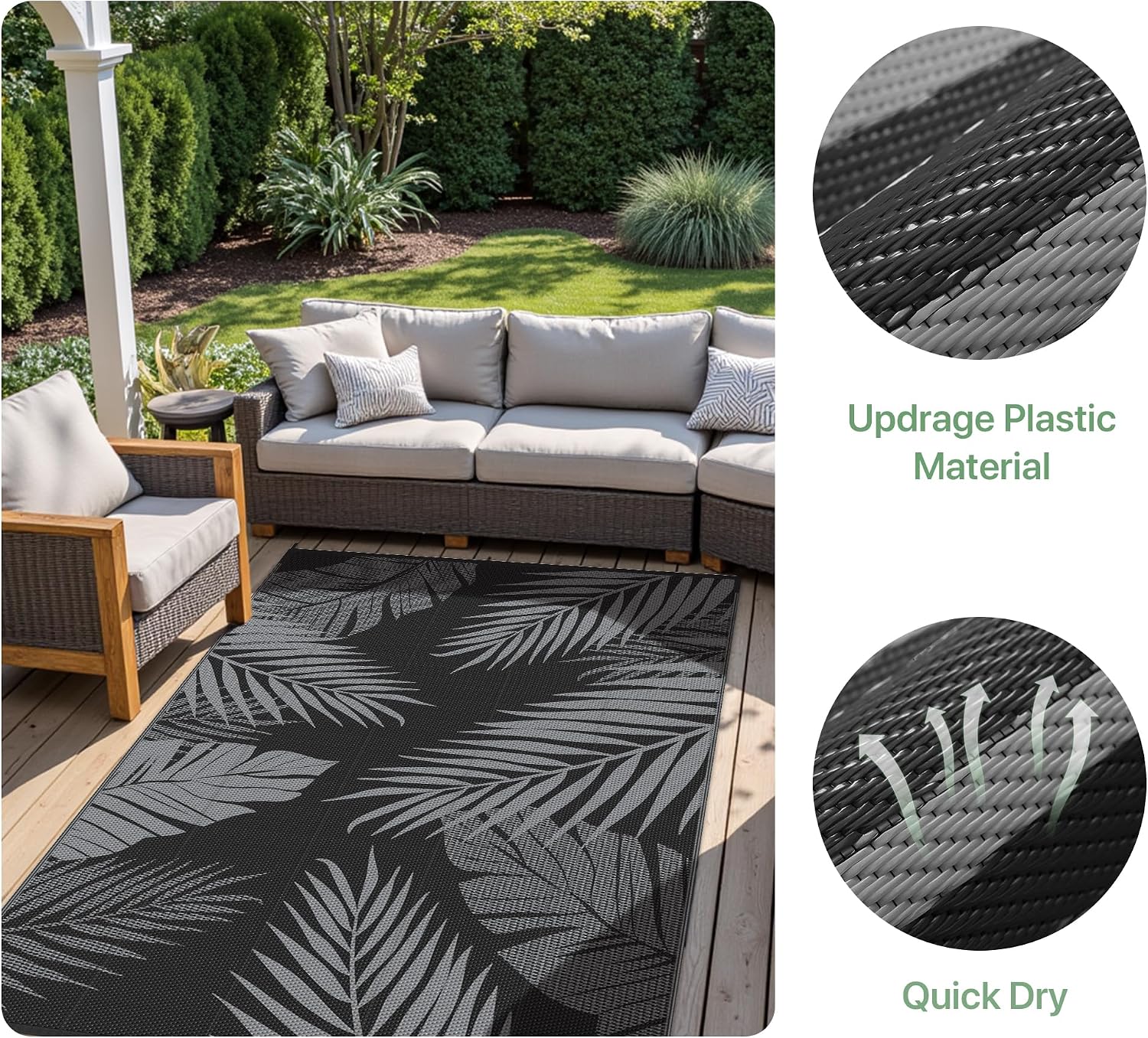 Thumbnail 2 de GENIMO 240x300cm Outdoor Rug (Black & Grey) – Waterproof, Reversible & UV Resistant for Patios, Garden & RV