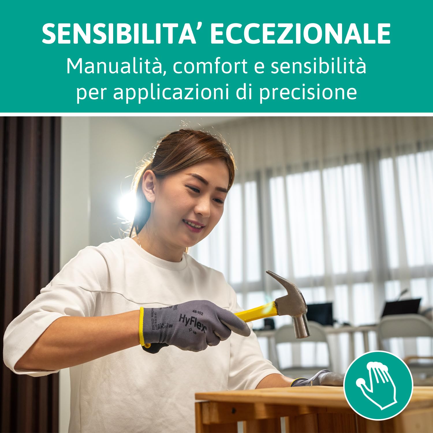 Detalle de Ansell HyFlex 48-102 Guanti da Lavoro Sottili XL, Fodera Elastica con Rivestimento in Poliuretano, Grigio, 12 Paia