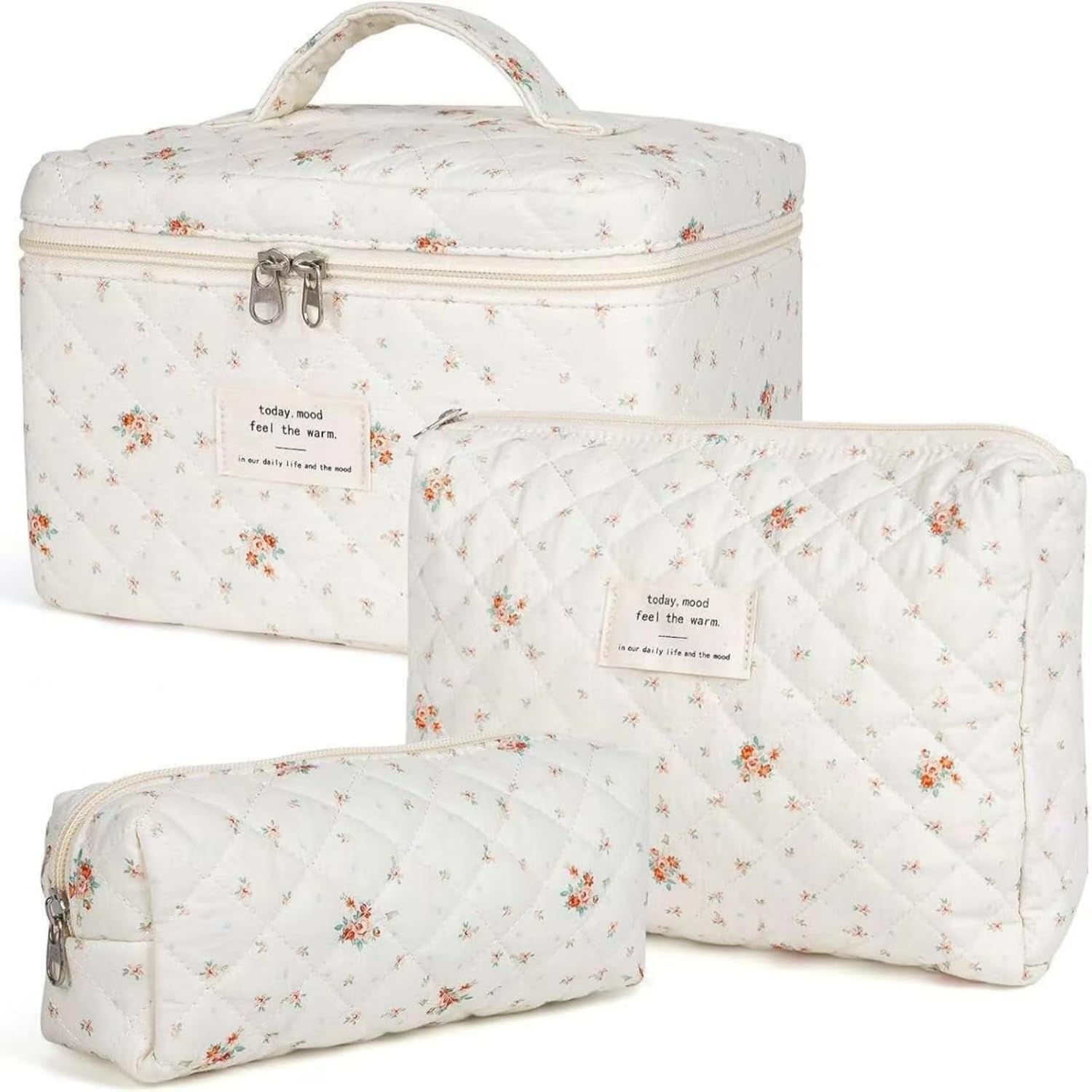 Detalle de Aucuu 3PCS Kosmetiktasche-Set mit Blumenmuster – gesteppt, Baumwollstoff, Reise-Organizer für Damen