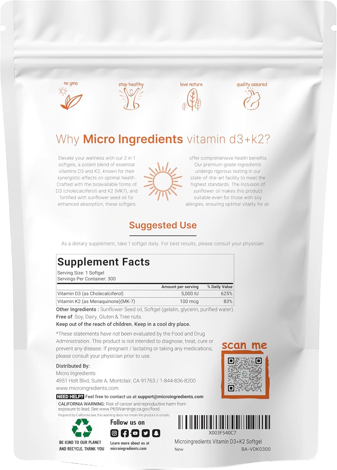 Detalle 2 de Micro Ingredients Vitamin D3 + K2 Supplement, 300 Softgels