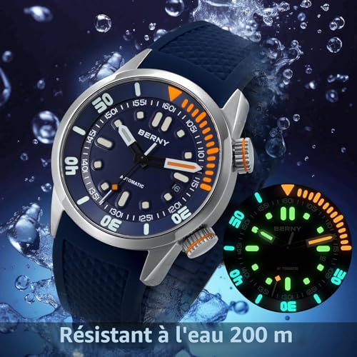 Detalle de BERNY Montre de plongée pour hommes 20ATM — Mouvement automatique, verre saphir et luminescente