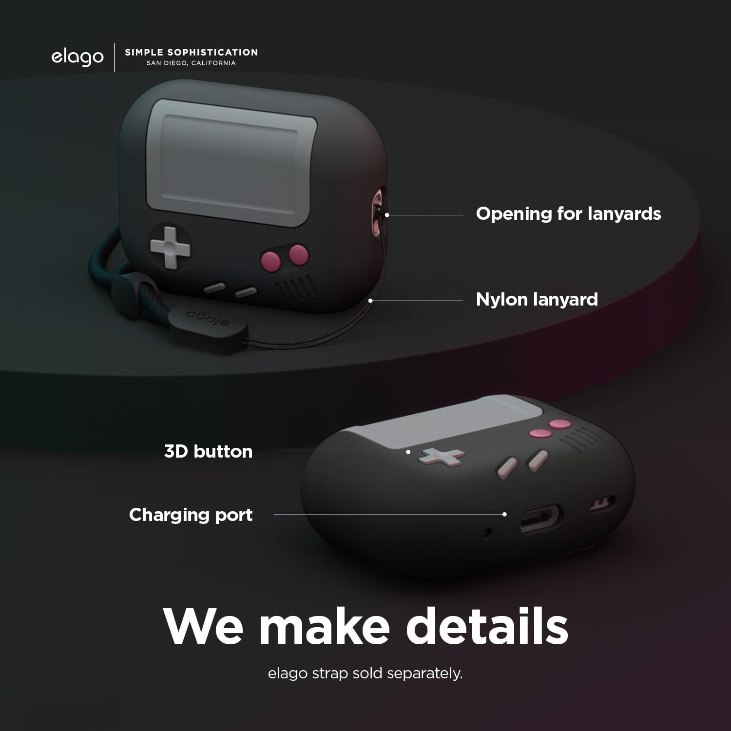 Detalle de Coque elago AW5 pour AirPods Pro (2e génération) – Étui en silicone avec lanière, design console rétro (Noir)