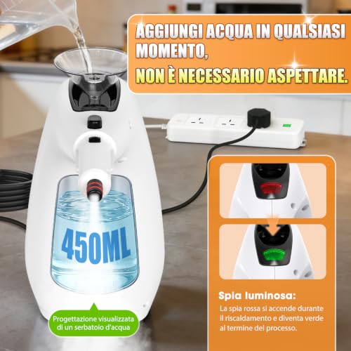 Detalle de Muvano Pulitore a Vapore Portatile 450 ml, 11 Accessori – Riscaldamento in 10s e potenza 1500W