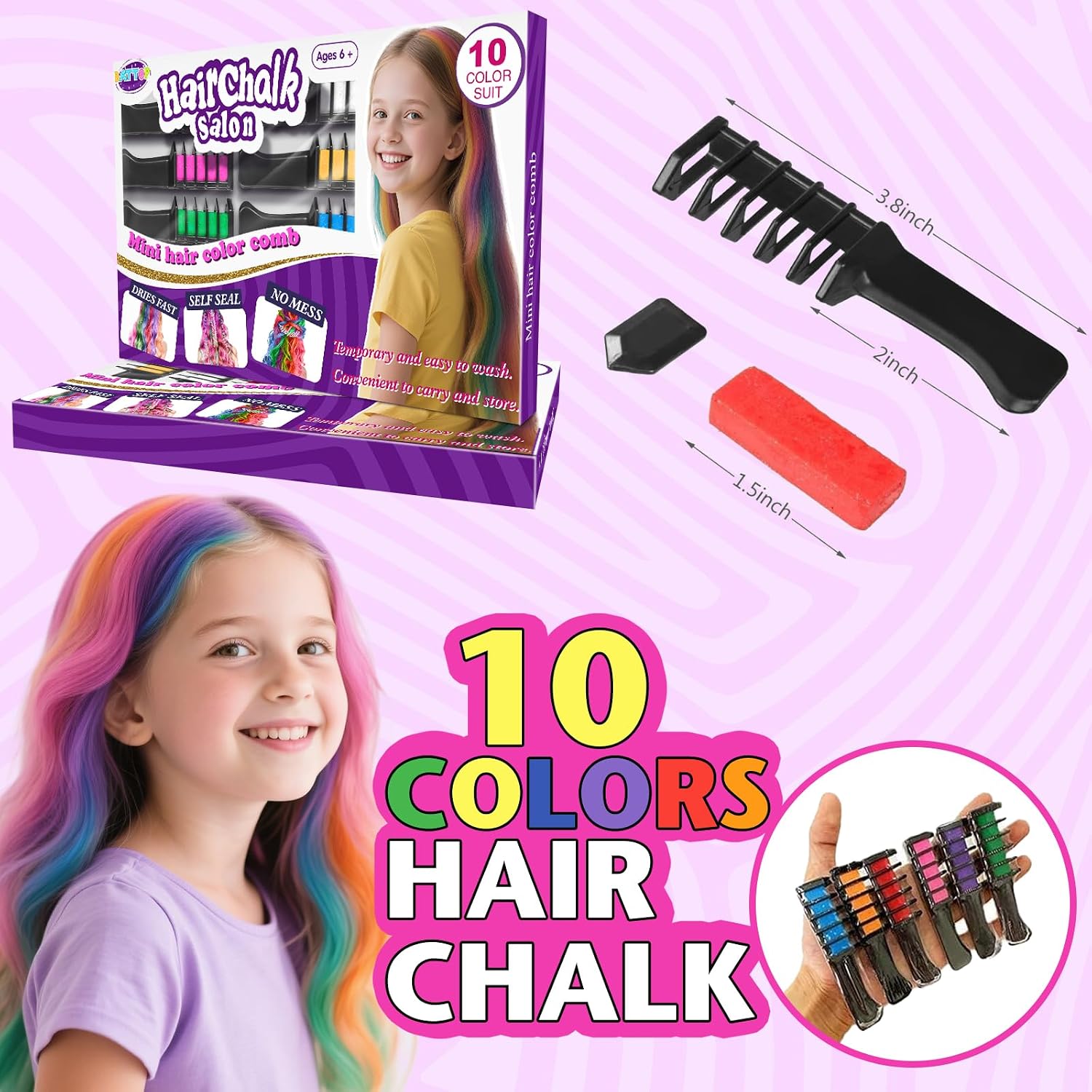 Detalle 2 de BATTOP Haarkreide 10 Farben für Kinder 🎨