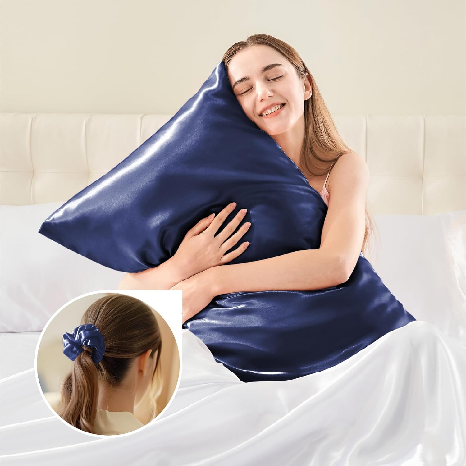 Thumbnail 4 de BEDELITE Satin-Kissenbezug 40 x 80 cm (2er Set) Dunkelblau – weich wie Seidenbezug, mit 2 Haargummis