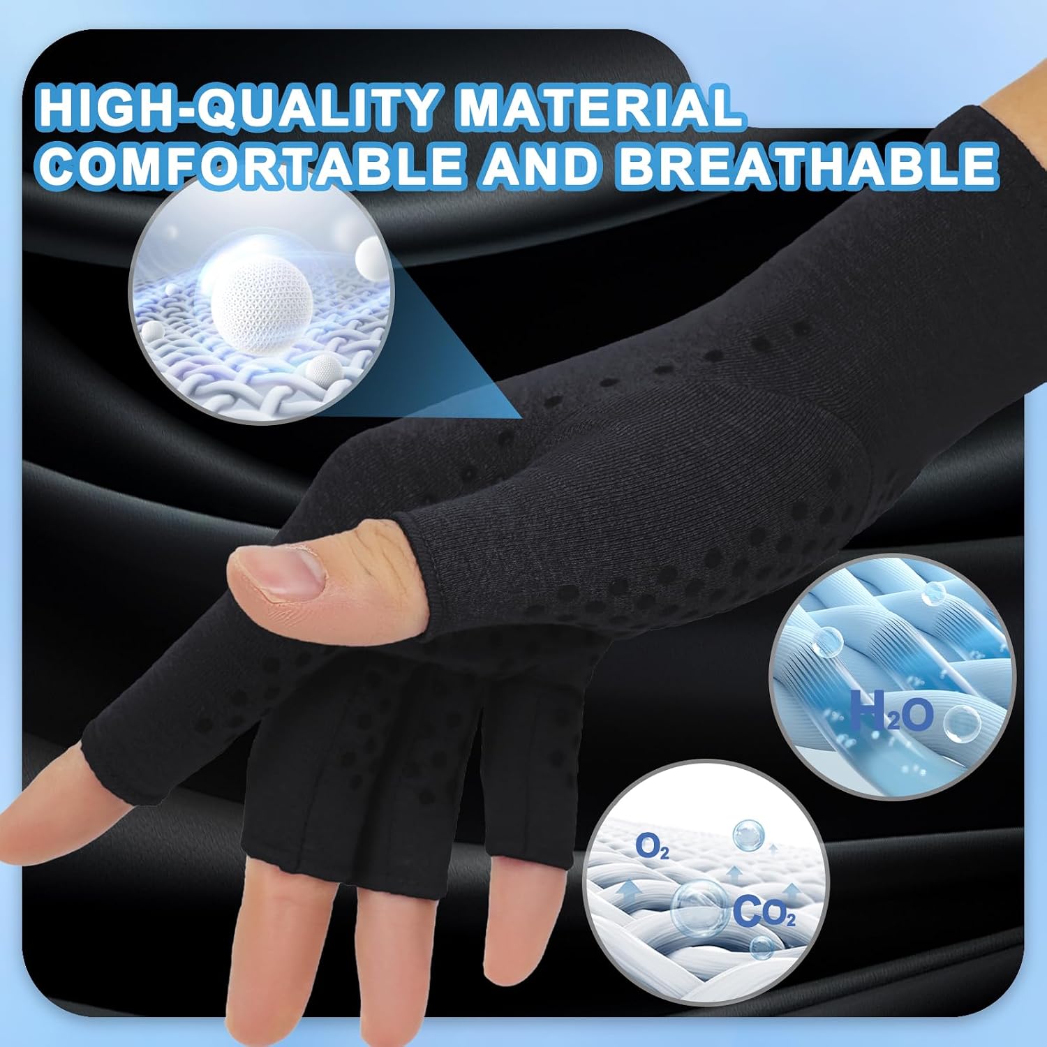 Detalle de DRNAIETY 2-Pair Arthritis Compression Gloves - Fingerless, Breathable Support for Hand Pain (Black)