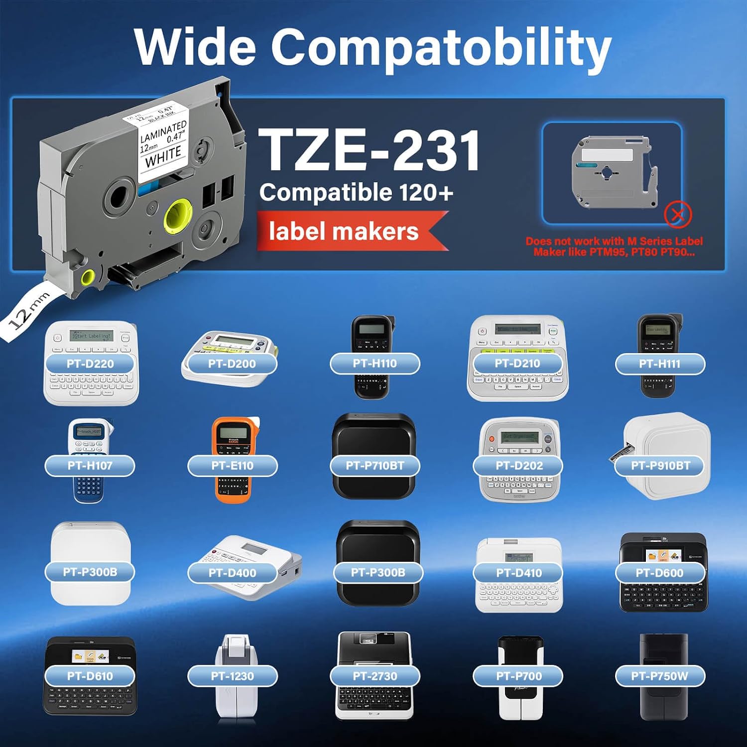 Thumbnail 1 de TZE-231 12mm Laminated Label Tape (7-Pack) for P-touch – Black on White