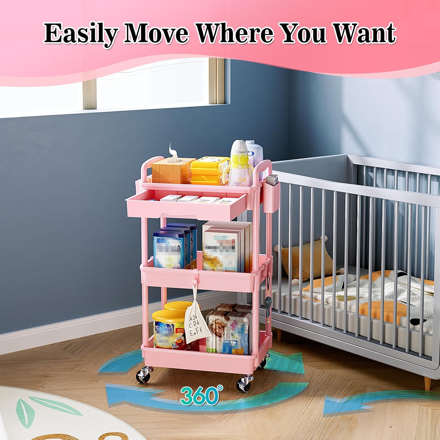 Detalle 2 de SUNALLY SN-UC03PK 3-Tier Rolling Storage Cart with Drawer, Pink, Locking Wheels